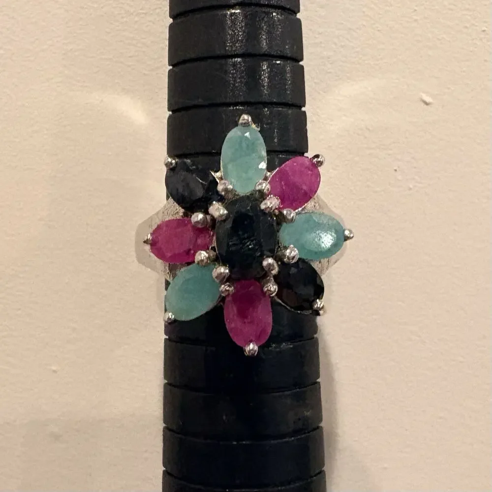 Sterling Silver, Sapphire, Emerald and Ruby Flower Ring Size 6.5 Vintage